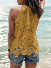 Mustard crochet halter top with tie back detail and scalloped hem.
