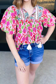 Floral Print Short Sleeve Tassel Tie Blouse in Fuchsia Pink, fabric detail
