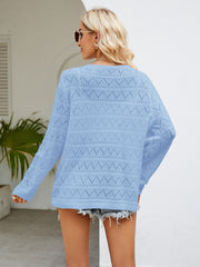 Sky blue openwork knit crewneck pullover sweater with diamond pattern detail.