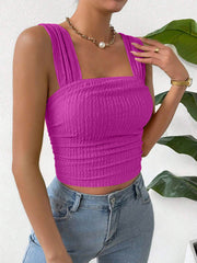 Textured crinkle strap crop top in fuchsia with square neckline and ruched detailing.