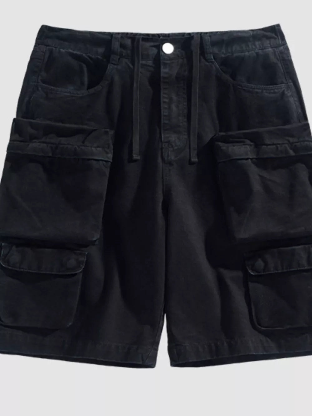 Black cargo shorts with multiple pockets and drawstring waist.