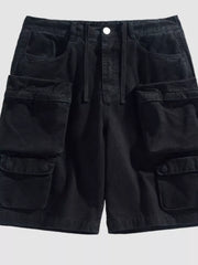 Black cargo shorts with multiple pockets and drawstring waist.