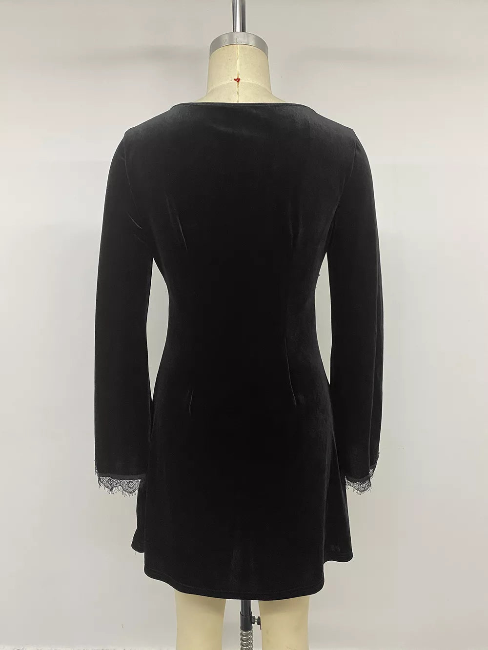Velvet Lace Trim V-neck Mini Dress in Black, alternate angle