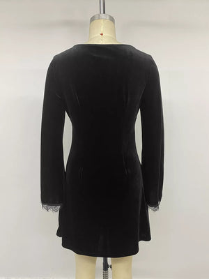 Velvet Lace Trim V-neck Mini Dress in Black, alternate angle