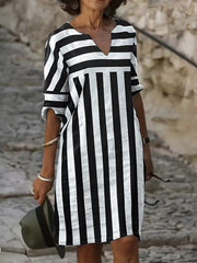 Striped Notched Casual Mini Dress in Black, front view