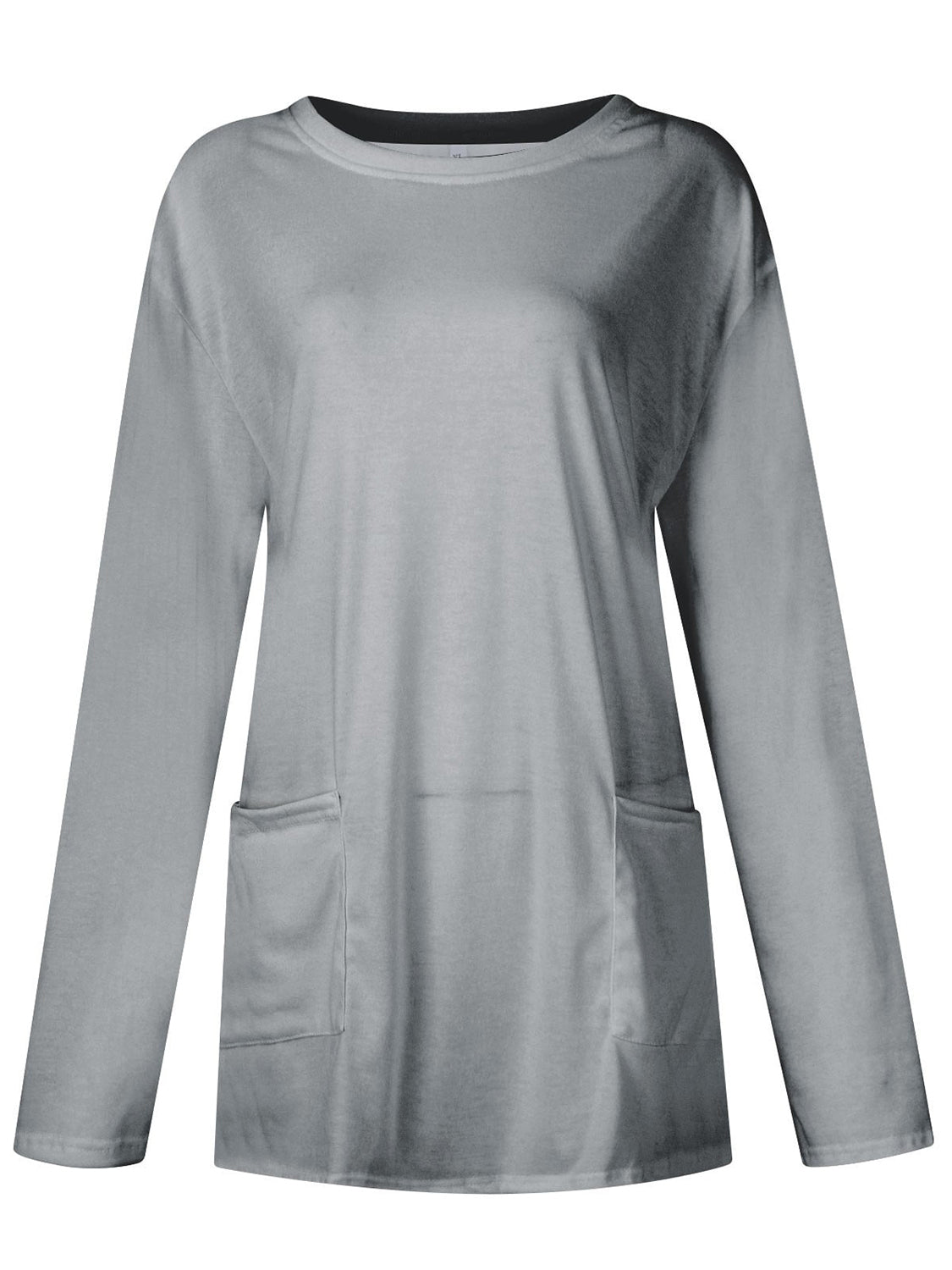 Gray relaxed fit tunic with long sleeves and two patch pockets.