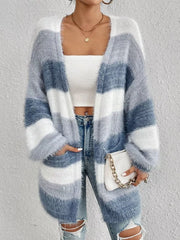 Textured stripe open front cardigan in blue and white fuzzy acrylic with pockets.