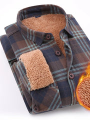 Men's plaid button-up shirt with sherpa lining, brown and blue grid pattern, cotton.