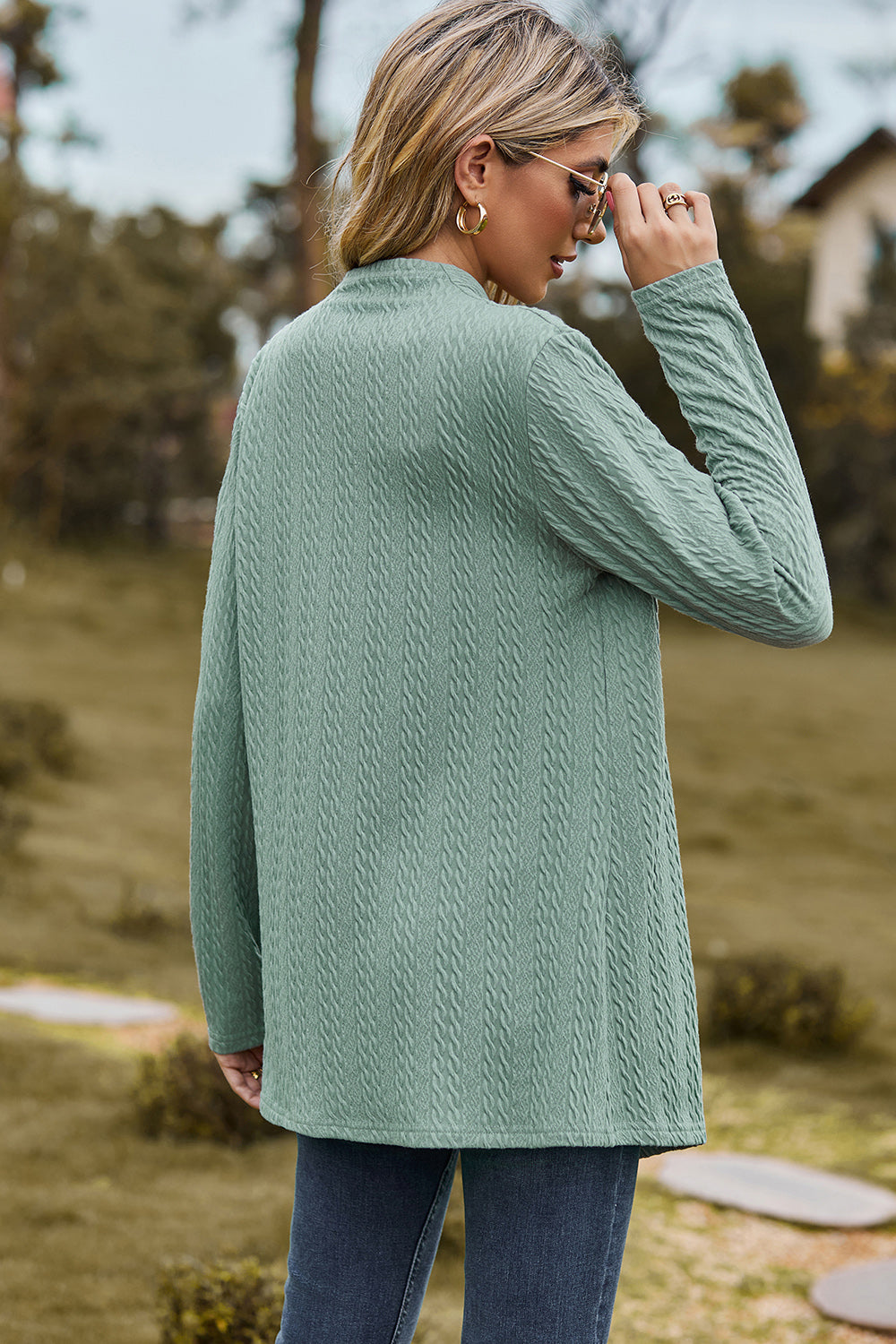 Light Green textured open-front drape cardigan with long sleeves and a mock neck.