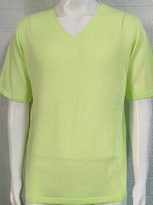 Light green textured knit V-neck tee with short sleeves.