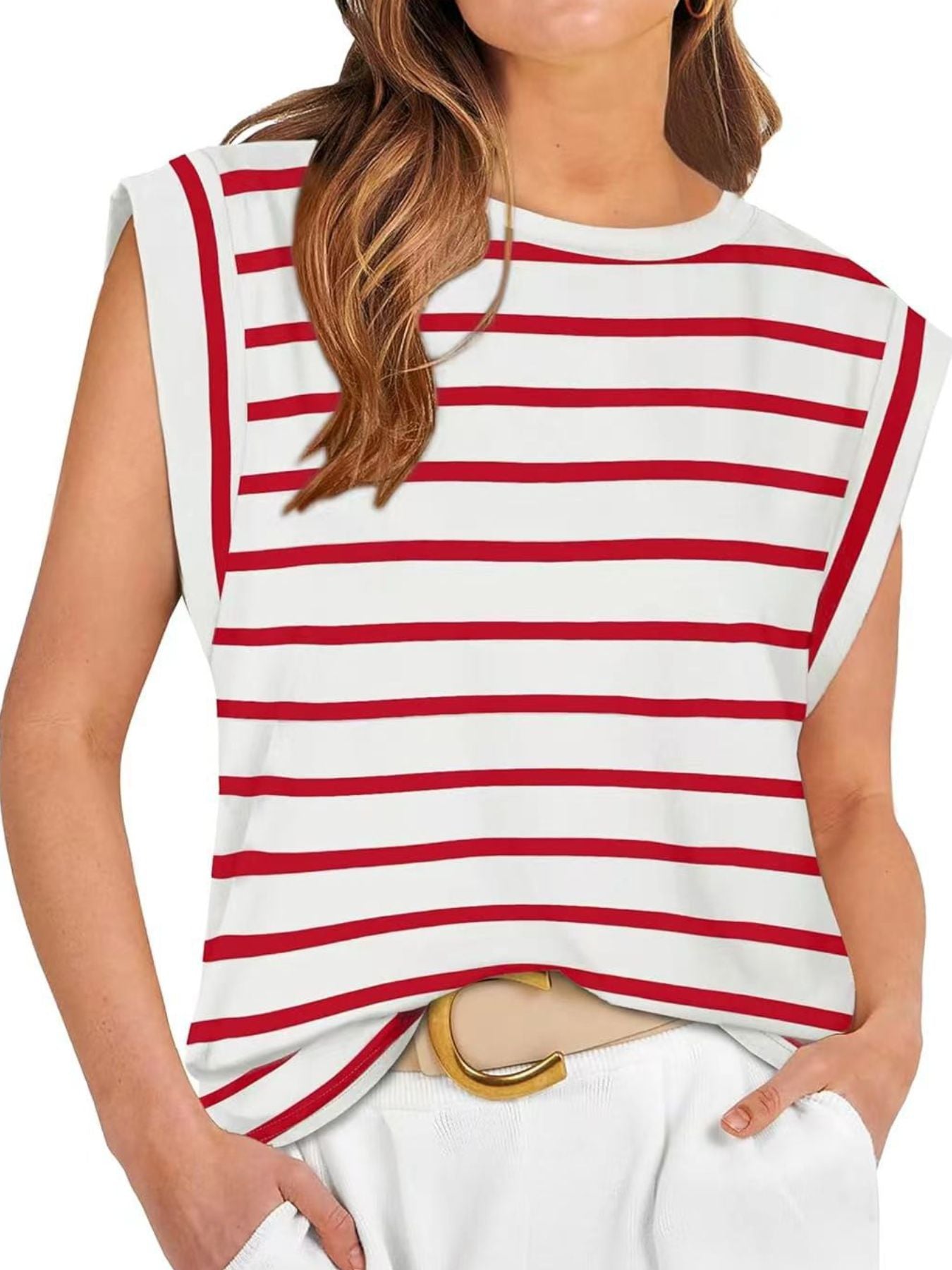 Classic striped sleeveless tank top in white and scarlet red with a crew neck.