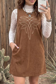Geometric Embroidery Sleeveless Corduroy Shift Dress in Brown, close-up detail