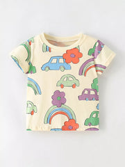 Baby t-shirt in light yellow cotton with a playful cartoon car and rainbow print.