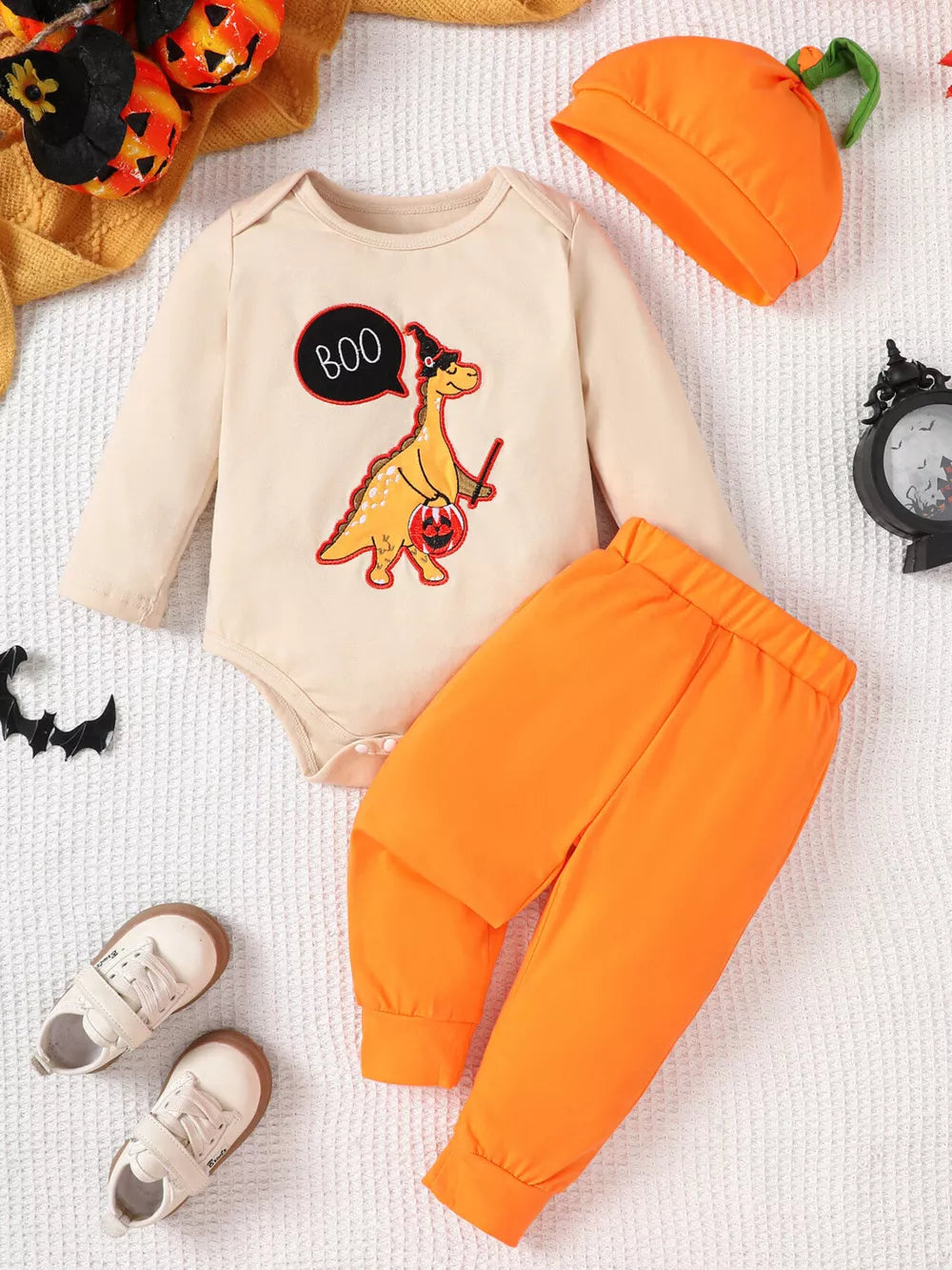 Children's Dinosaur Long Sleeve Bodysuit And Pants Set in Green, back view