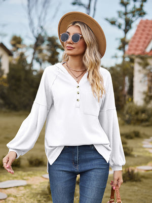 White ribbed henley hoodie with balloon sleeves and button detail
