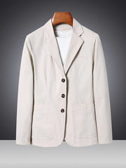 Off-white cotton lapel blazer for men with button closure and patch pockets.