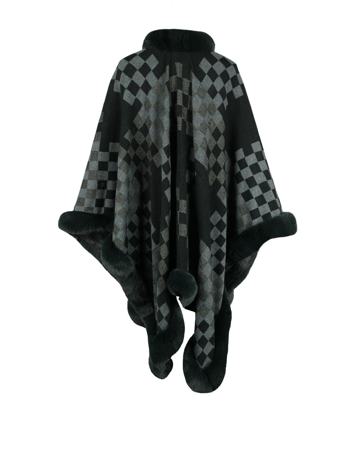 Charcoal checkered poncho with faux fur trim and pom-poms.