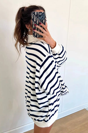 Striped Stand Neck Long Sleeve Sweatshirt in Stripe, close-up detail