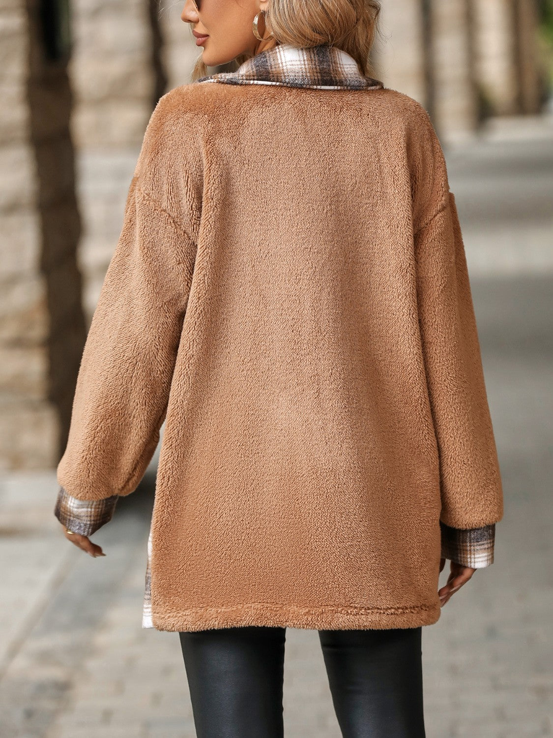 Khaki teddy shacket with plaid collar and cuffs, casual layered outerwear.