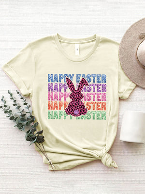 Cream graphic tee with leopard bunny and Happy Easter text.