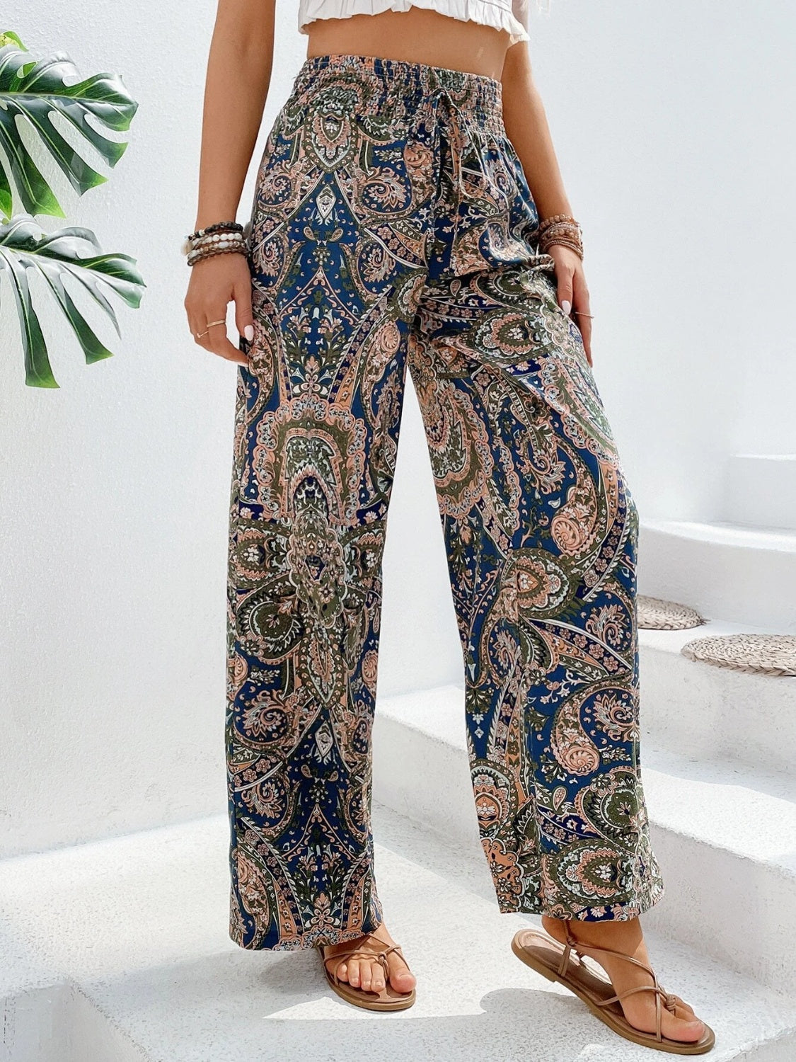 Paisley palazzo trousers in multicolor with drawstring waist and wide leg