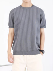 Men's blue gray ribbed knit t-shirt with short sleeves and crew neck.