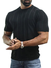 Black ribbed knit tee with vertical stripe texture and short sleeves.