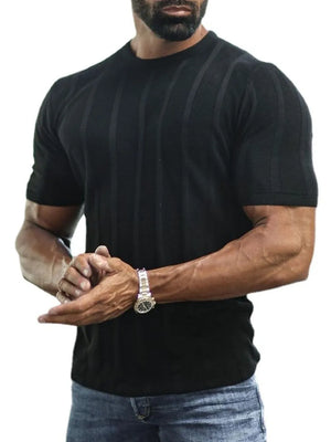 Black ribbed knit tee with vertical stripe texture and short sleeves.
