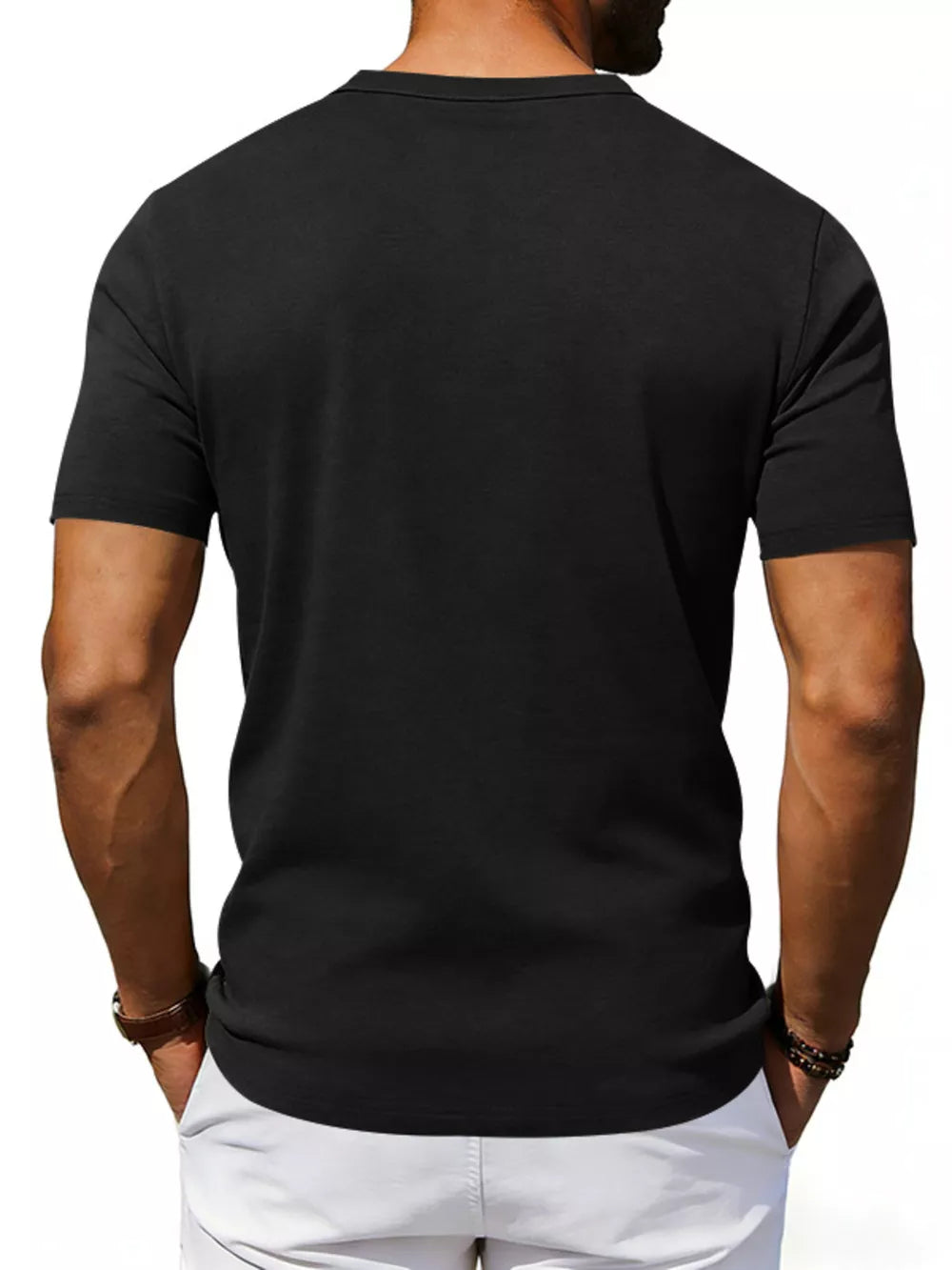 Black short sleeve men's t-shirt with crew neck and pocket detail