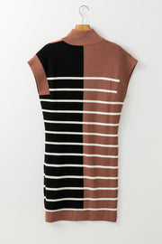 Colorblock ribbed mini dress in terracotta and black with white stripes and mock neck.