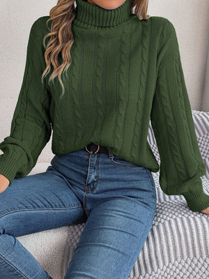 Dark green cable knit turtleneck sweater with voluminous sleeves