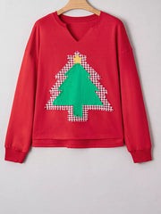 Red cotton sweatshirt with festive plaid Christmas tree applique and notch neckline.