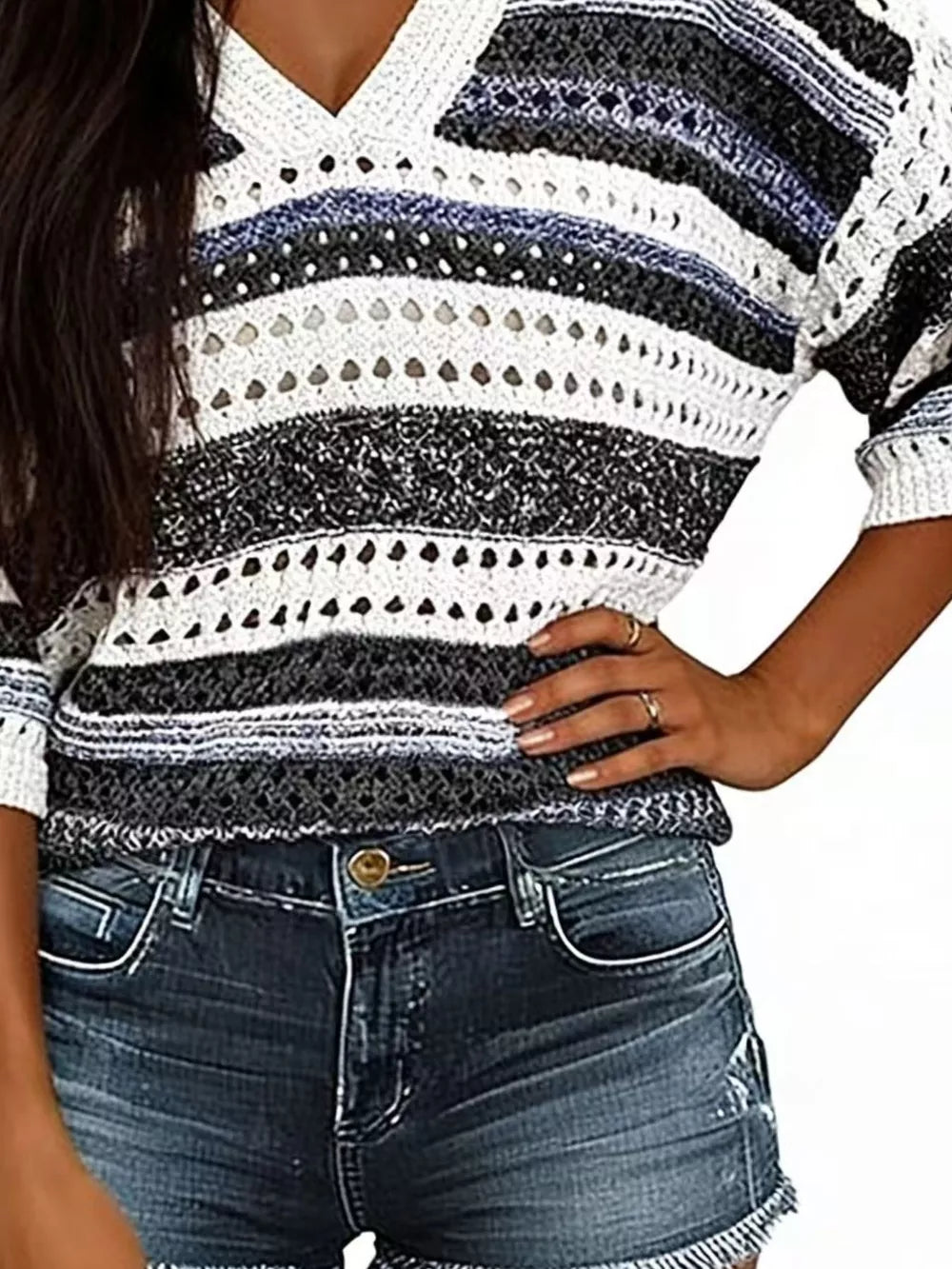 V-neck Ribbed Sweater in Green Stripes, view 12