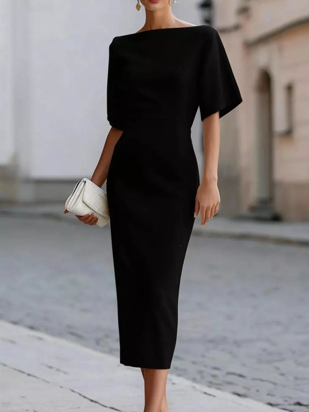Half Sleeve Boat Neck Midi Dress in Red, back view