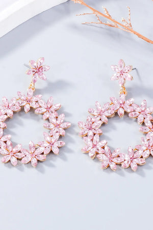 Blush Pink floral halo drop earrings with crystal accents and gold-tone alloy.