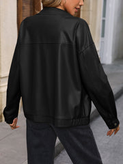 Black faux leather bomber jacket with elasticated hem and cuffs, shown from the back.