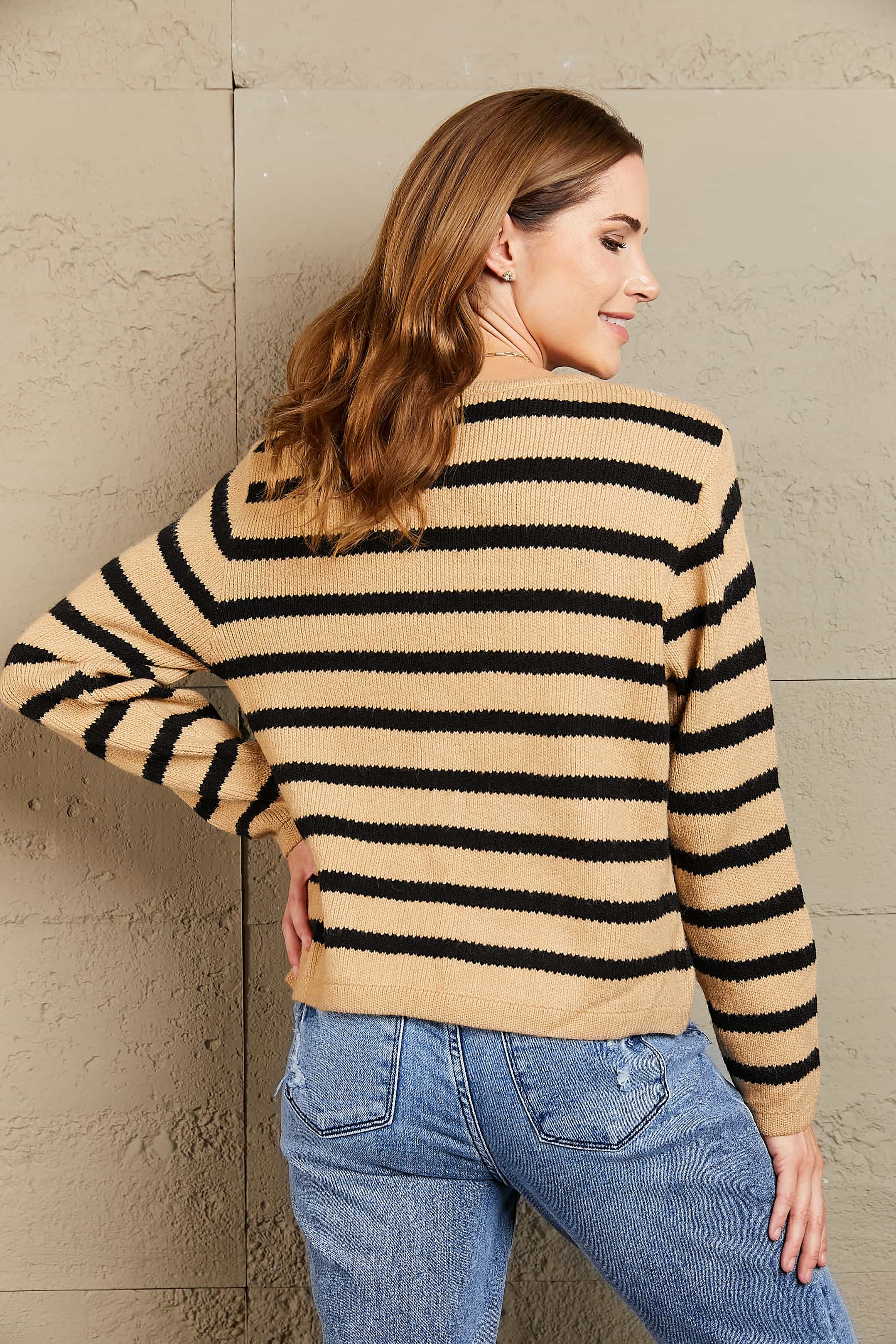 Khaki and black striped knit cardigan with pockets, casual style.