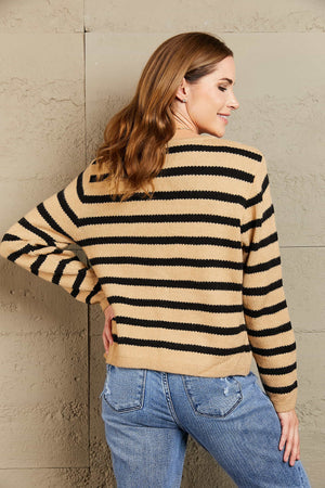 Khaki and black striped knit cardigan with pockets, casual style.