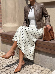 Polka Dot Midi Skirt in Orange-red, back view