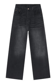 Dark Gray wide leg denim jeans with whiskering detail and elastic waistband.