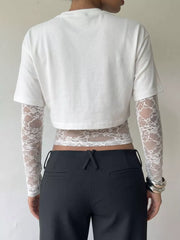 Lace Patchwork Short Sleeve T-shirt in Black, editorial view