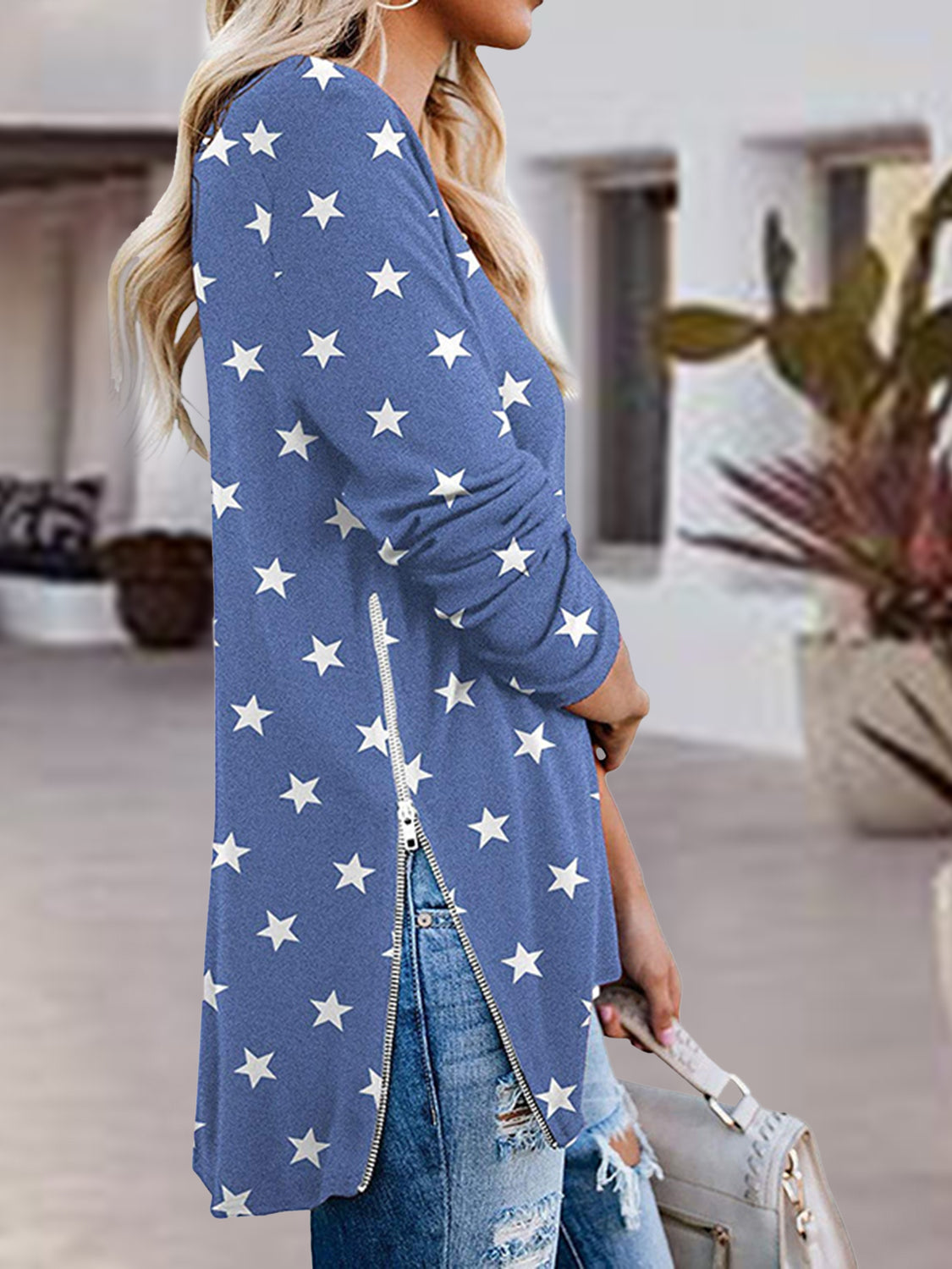 Blue star print V-neck top with side zippers