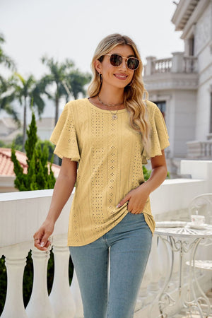 Yellow eyelet flounce sleeve crew neck top with allover perforations
