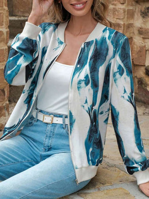 Fluid abstract print bomber jacket in teal and white with ribbed cuffs and collar.