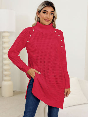 Deep Red ribbed turtleneck tunic with pearl button details on shoulders, side slits.