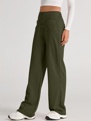 Button-front palazzo trousers in Gum Leaf green with wide legs and pocket details.