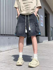 Black denim cargo shorts with braided drawstring and tassels, men's vintage style