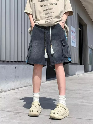 Black denim cargo shorts with braided drawstring and tassels, men's vintage style
