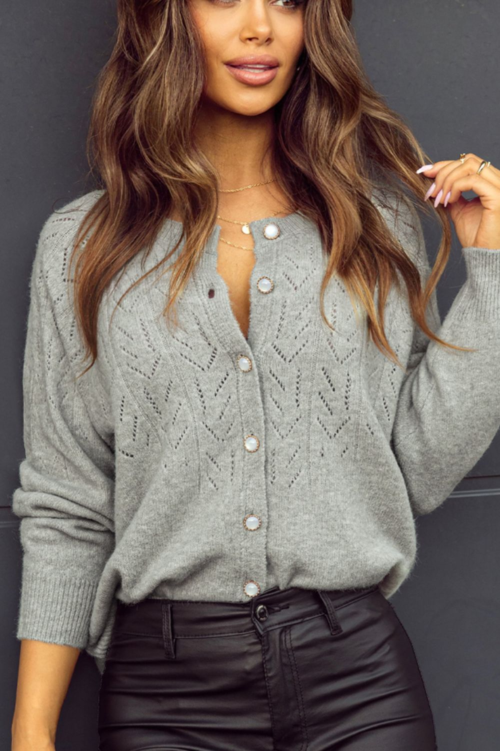 Gray lace-effect knit button-down cardigan with pearl buttons