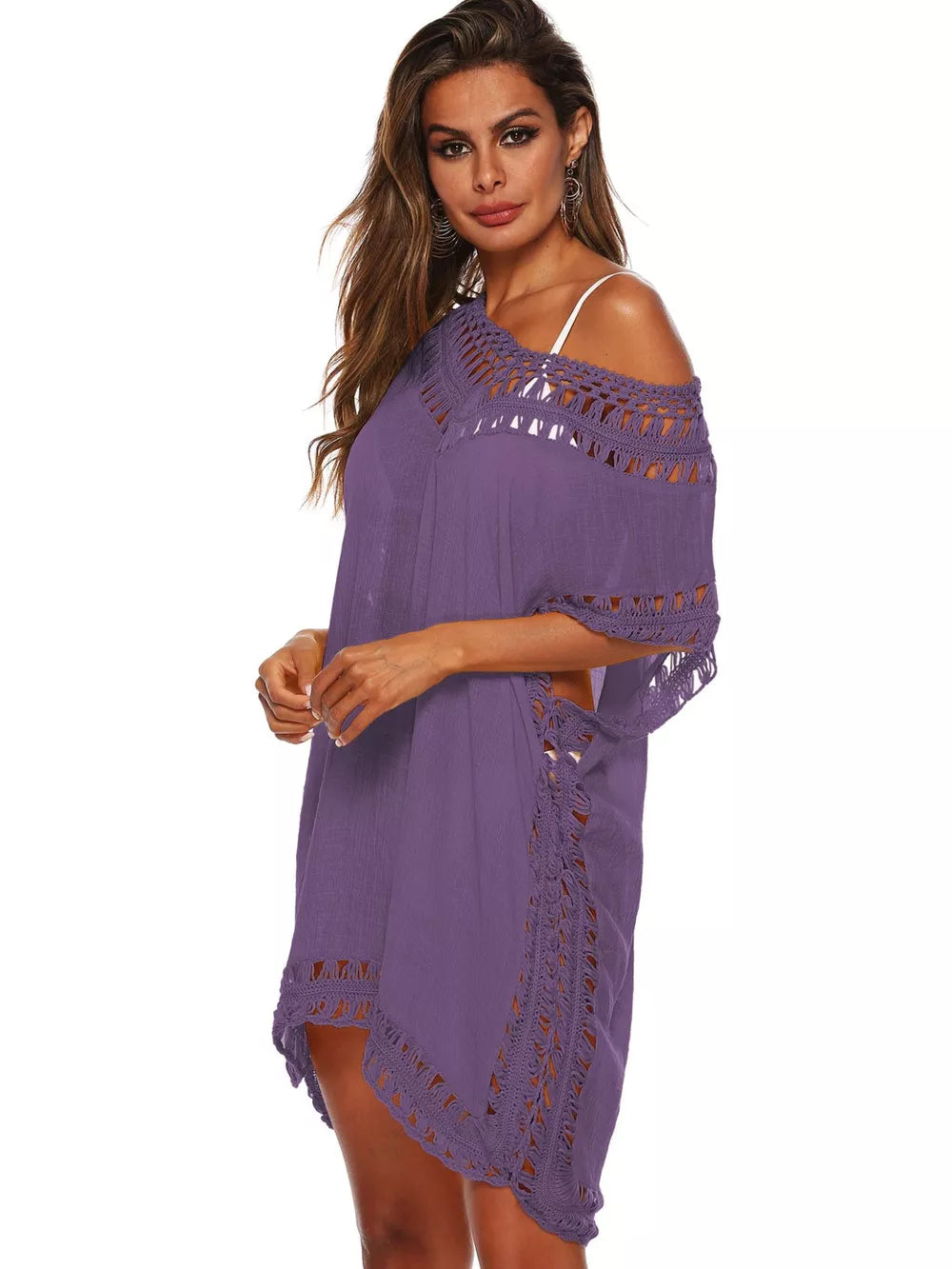 Dark Purple crochet V-neck cover-up dress with cutout details and short sleeves.